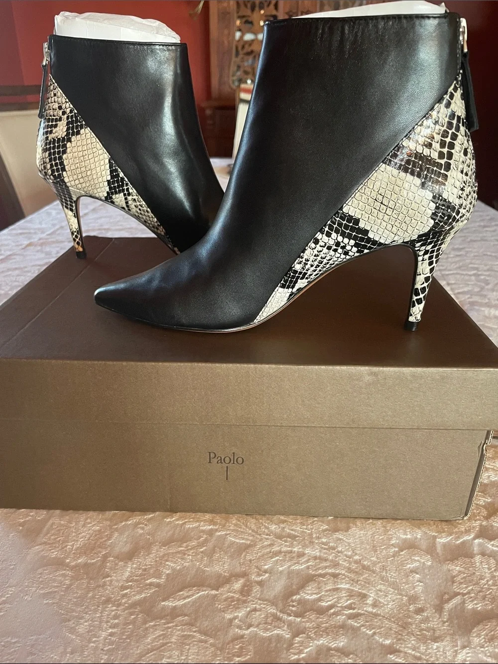 Paolo Black Leather Pointed Ankle Boots with Snake-Print Panels New in boxSz 6M